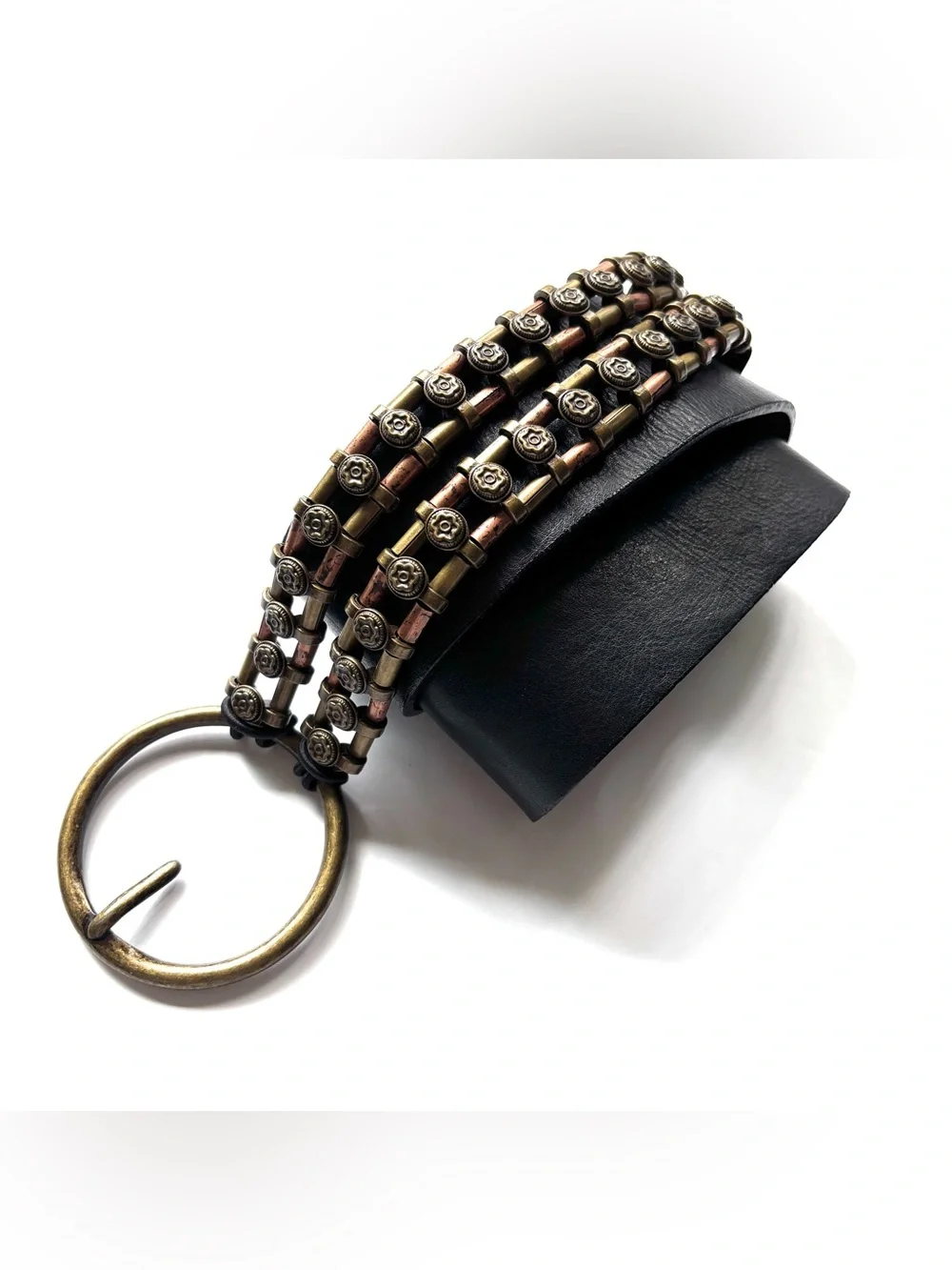 Black Leather Belt w/ Brass Gold Copper Metal Chain Hardware M-L Chicos vintage